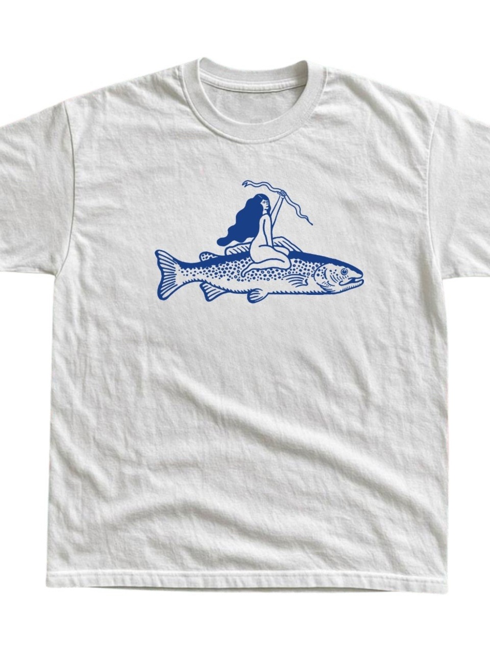 Gildan White Tee with Blue Mermaid Riding Fish Graphic